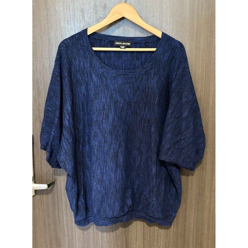 DKNY‎ Sweater Women's 2XL Black Blue Viscose Dolman Sleeve Boxy Pullover